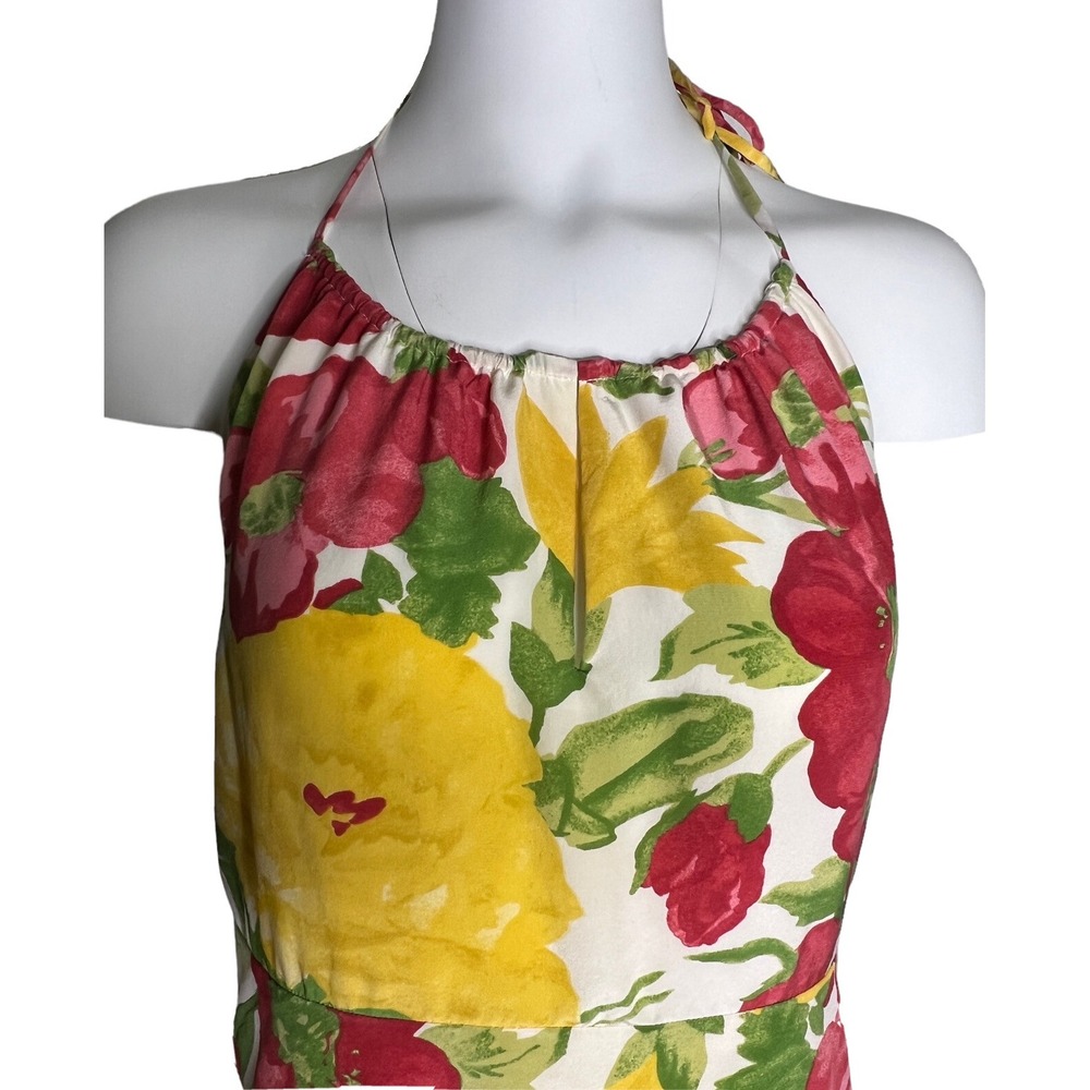Ann Taylor Loft Silk Halter Dress Size 12‎ Tropical Floral Open Back Pink Yellow - Picture 3 of 10